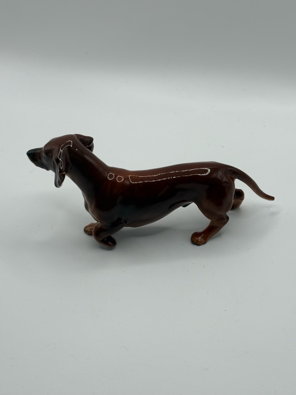VTG Japan Glossy Porcelain Dachshund  Dog Figurine mark #M1758 Brown 5-6in VGU